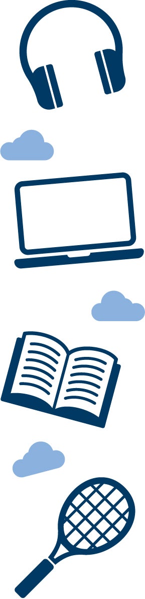 Headphones, a Laptop, a Book and a Tennis Racket illustrations